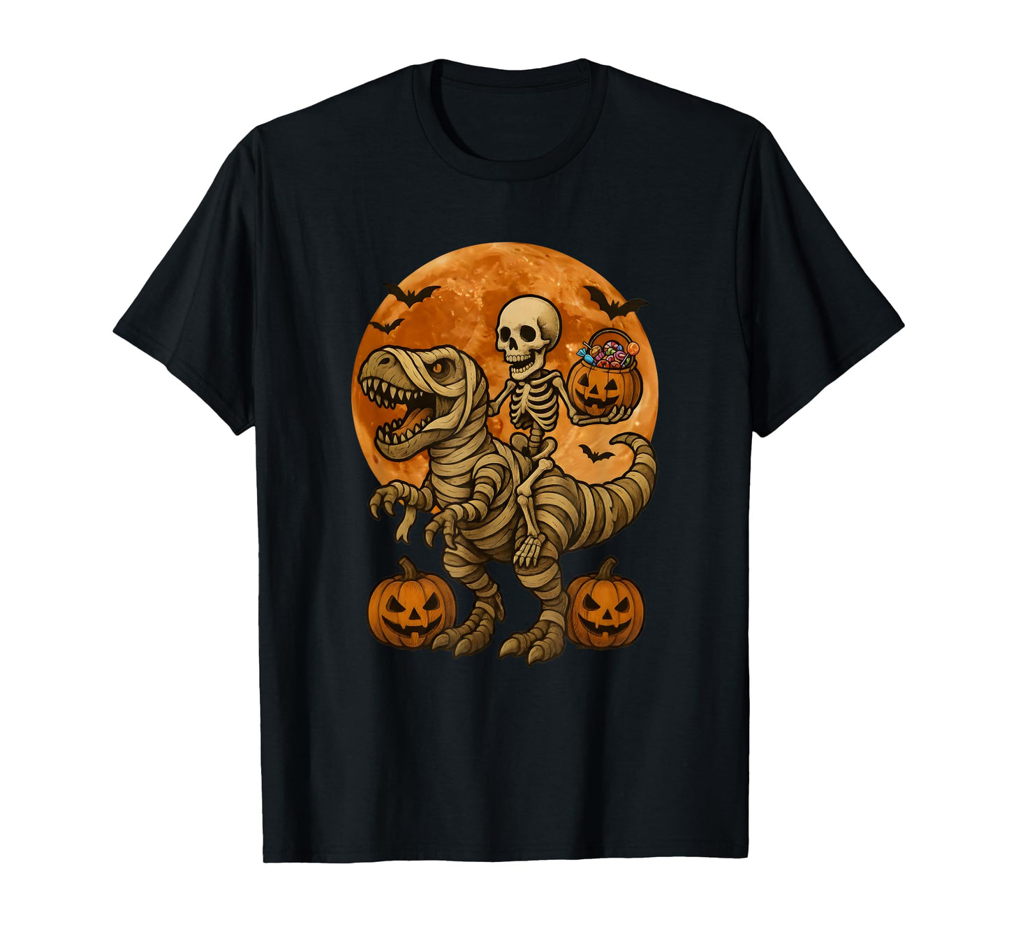Skeleton on Dinosaur for Spooky Halloween Costume Pumpkin T-Shirt