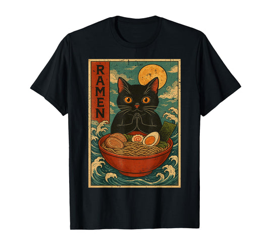 Black Cat Ramen Japanese Graphic Tees for Men Women Teens T-Shirt