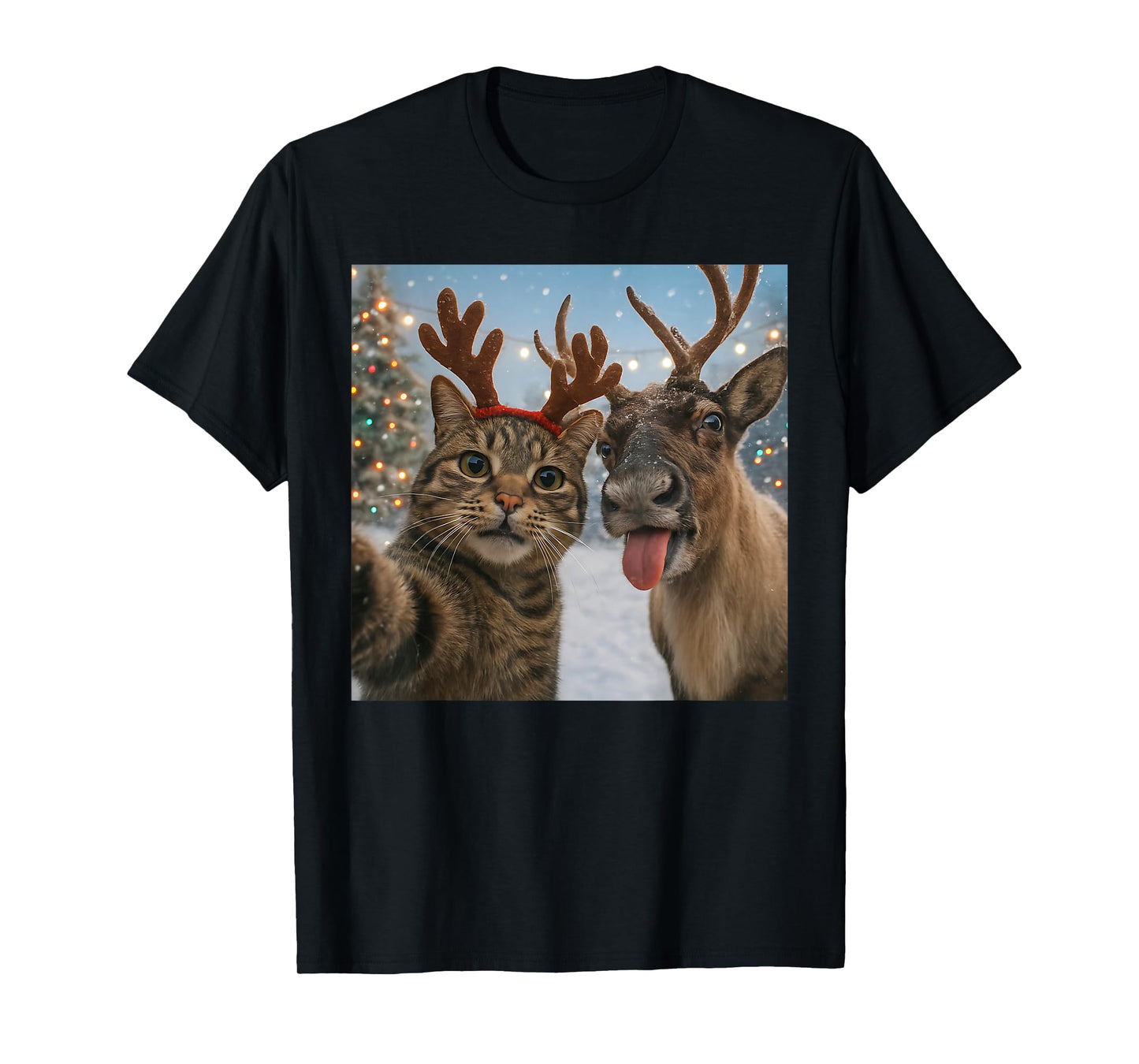 Funny Cat Selfie with Reindeer Christmas Holiday Meme T-Shirt