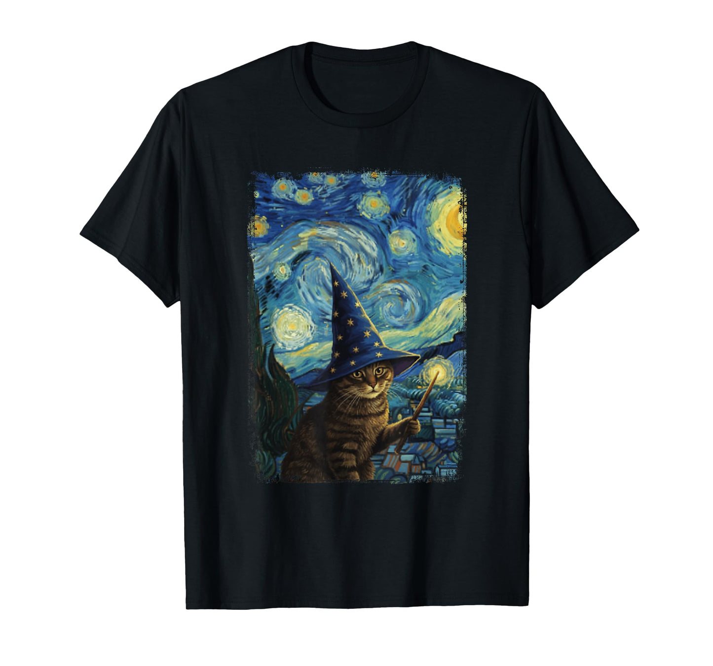Van Gogh Starry Night Wizard Cat T-Shirt