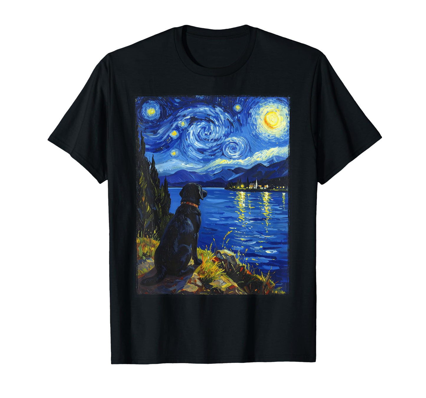 Van Gogh Starry Night Painting Black Retriever Dog T-Shirt