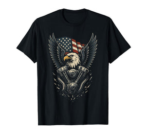 Patriotic Bald Eagle V Twin Engine American Flag Biker T-Shirt