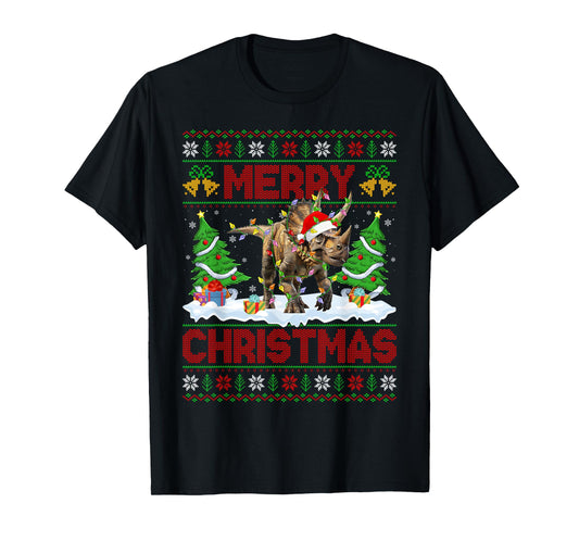 Triceratops Ugly Xmas Sweaters Dinosaur Lights Christmas T-Shirt