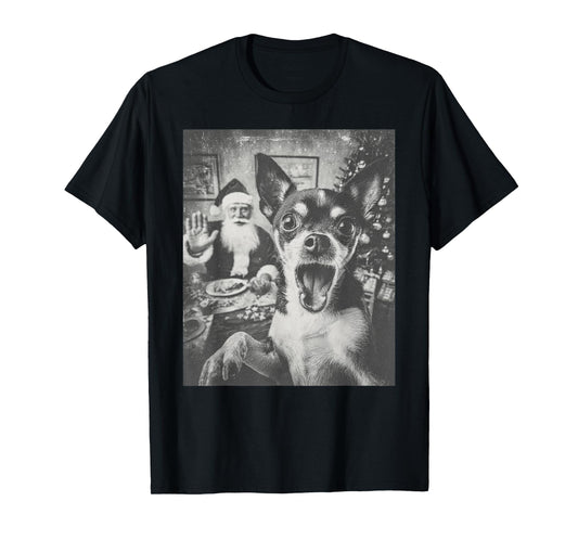 Funny AI Chihuahua Dog Selfie with Santa Claus Christmas T-Shirt