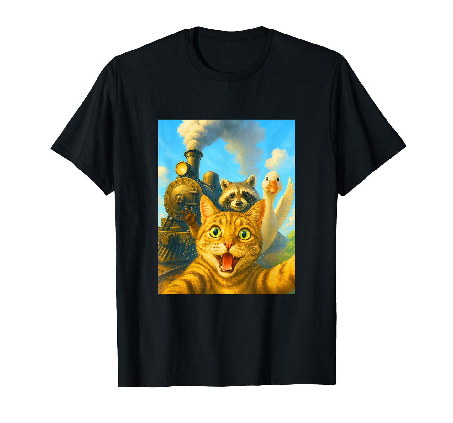 Funny Steam Engine Train Design Cat Selfie Raccoon Goose T-Shirt