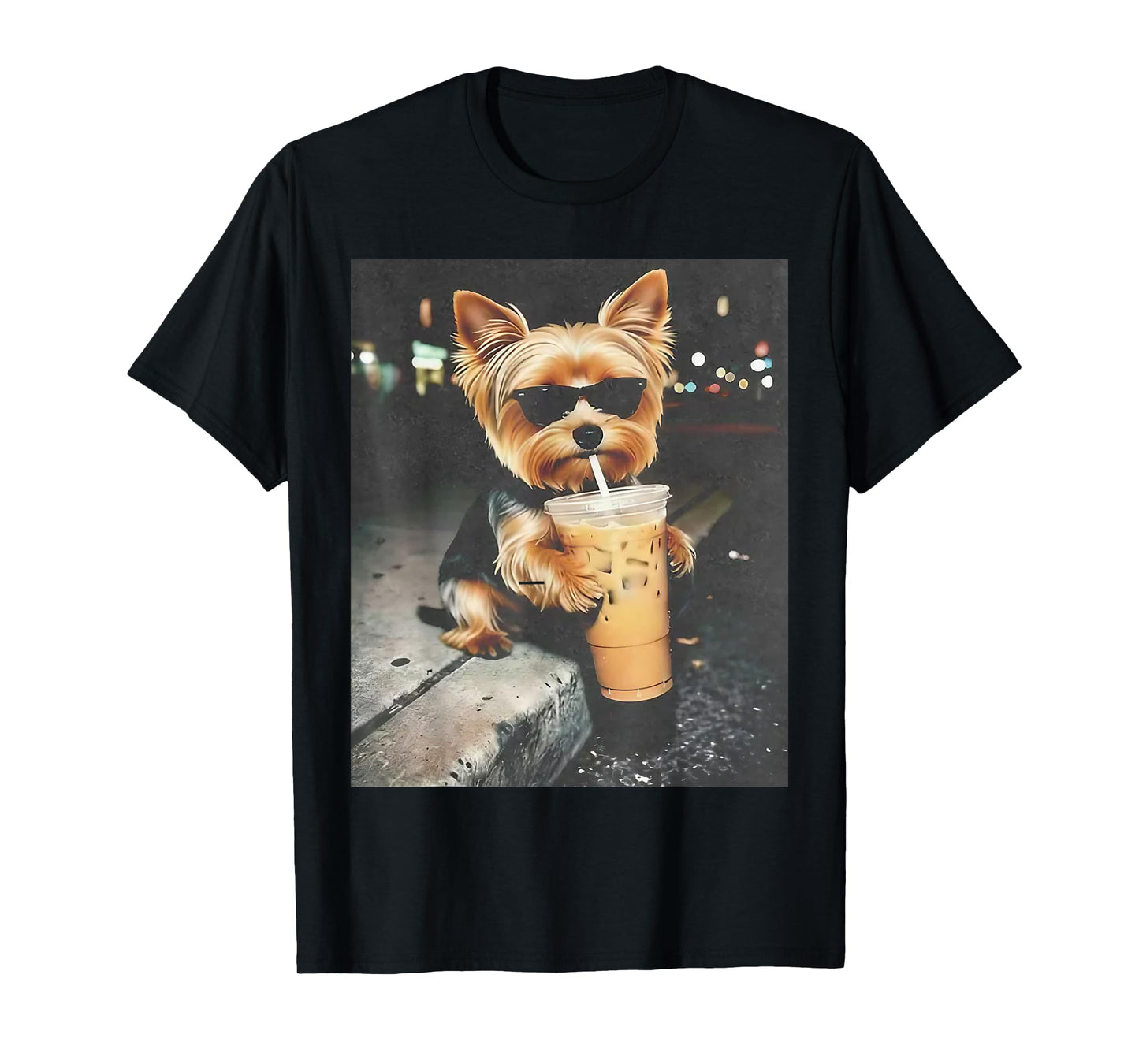Funny Yorkie Drinking Iced Coffee Cute Dog Meme Humor T-Shirt