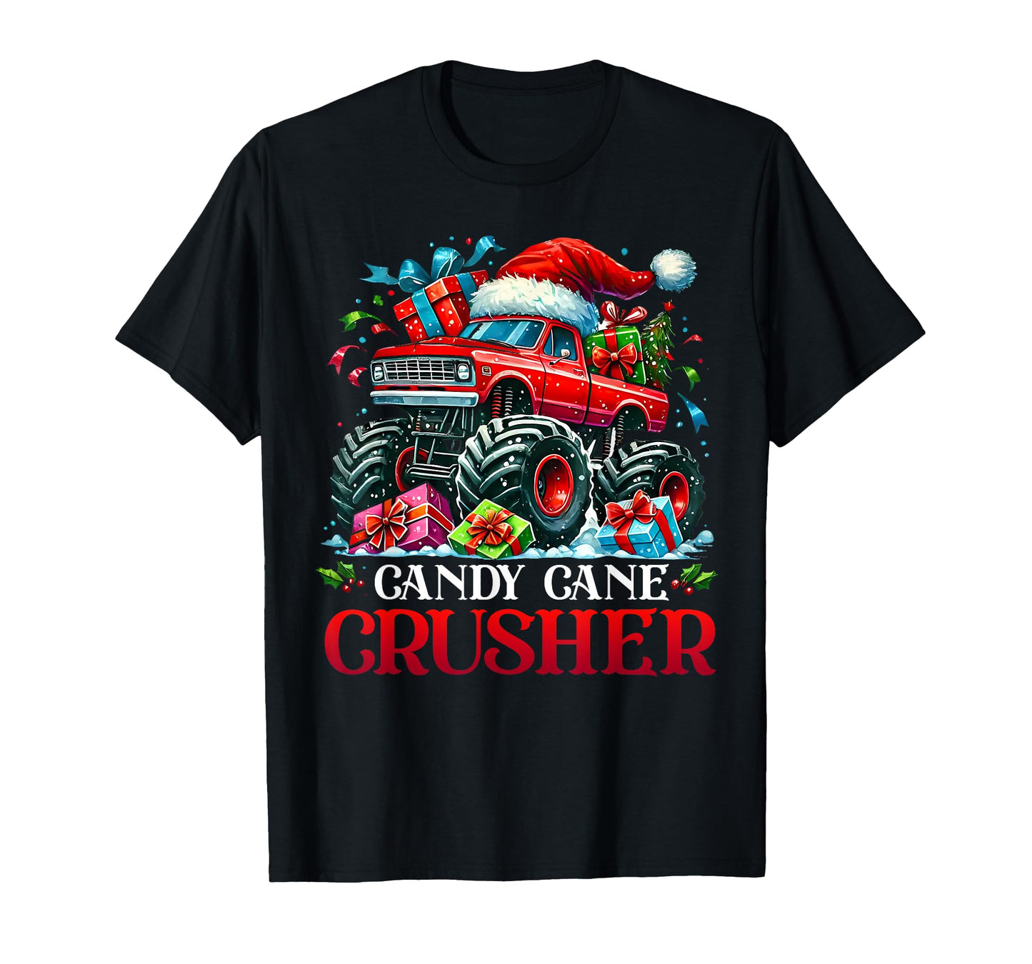 Christmas Candy Cane Crusher Red Monster Truck Present T-Shirt
