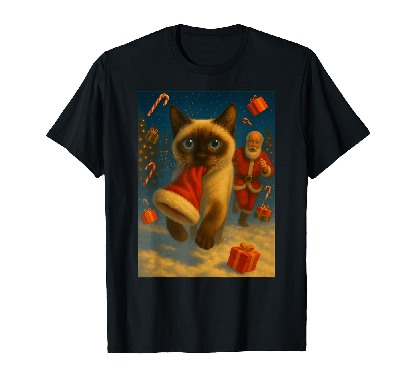 Christmas Santa Sleigh Siamese Cat Selfie Xmas Meme T-Shirt