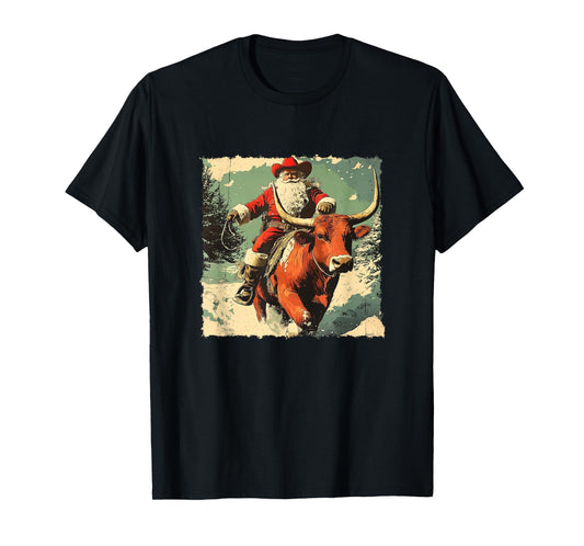 Cowboy Santa Riding a Longhorn – Vintage Western Christmas T-Shirt