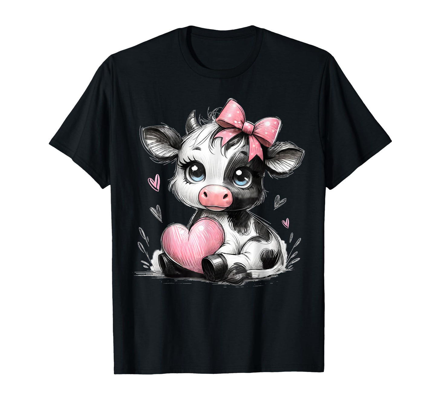 Cute Baby Cow with Pink Coquette Bow Holding Heart T-Shirt