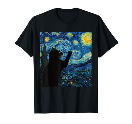 Starry Night Cat Art Graphic Cute Night Sky Painting Design T-Shirt