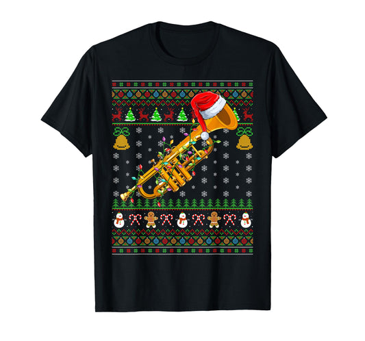 Trumpet Christmas Lights Funny Music Lover Ugly Sweater Xmas T-Shirt