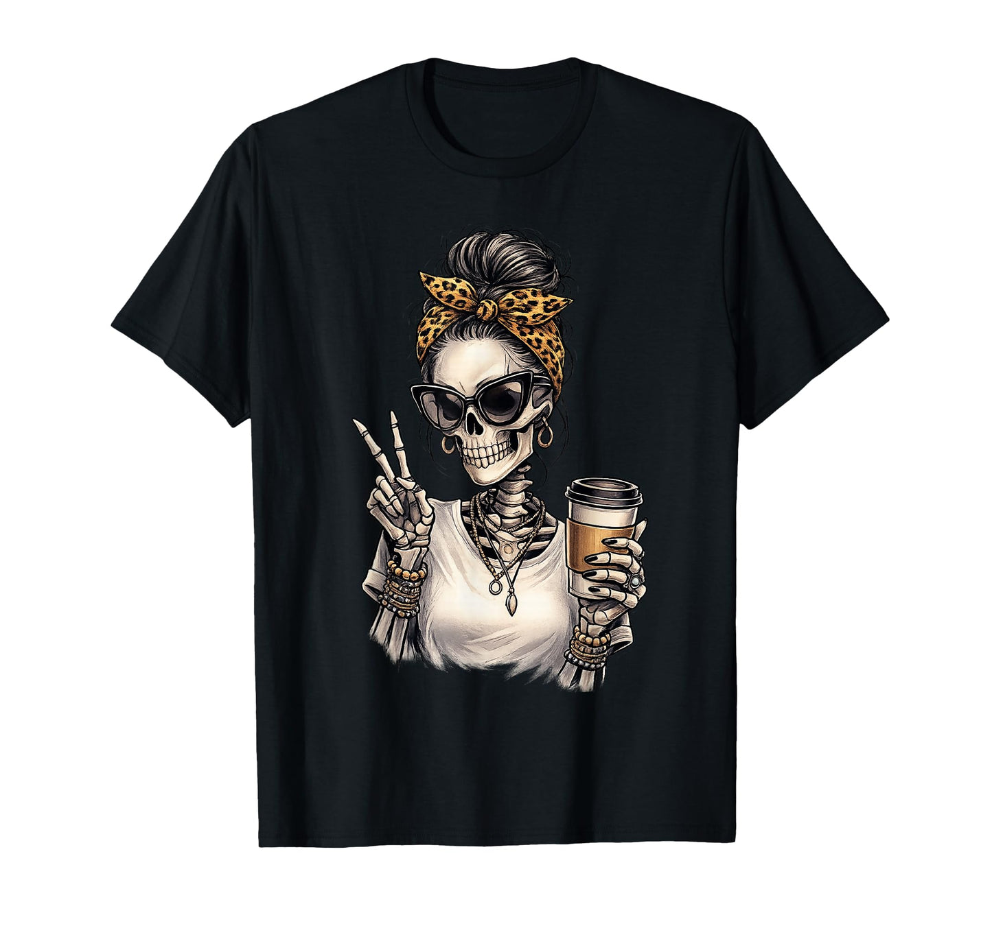 Skeleton Girl Drinking Coffee Peace Sign Graphic T-Shirt
