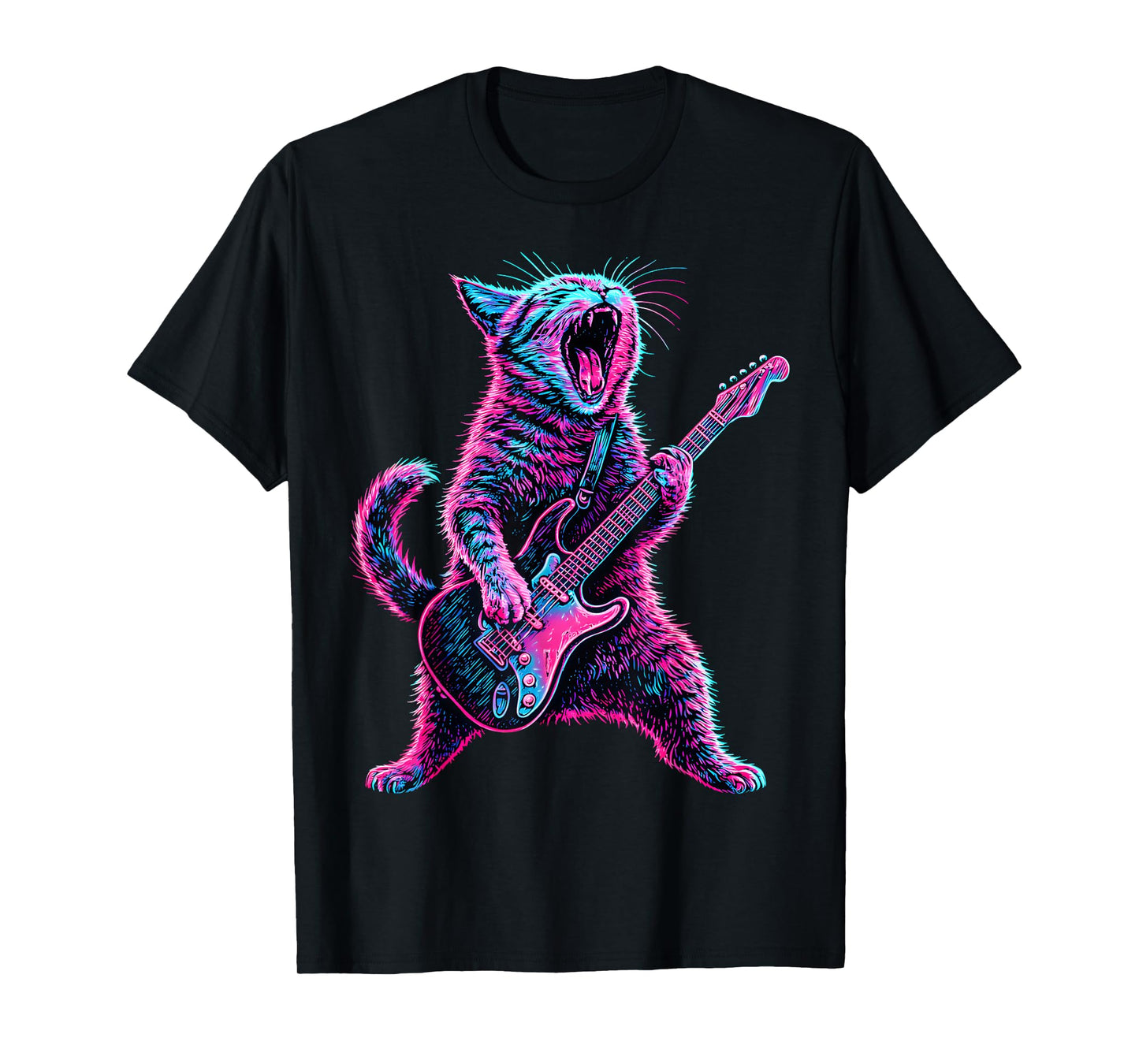 Cat Playing Guitar Retro Music Rock Lovers Cat Guitar Player T-Shirt