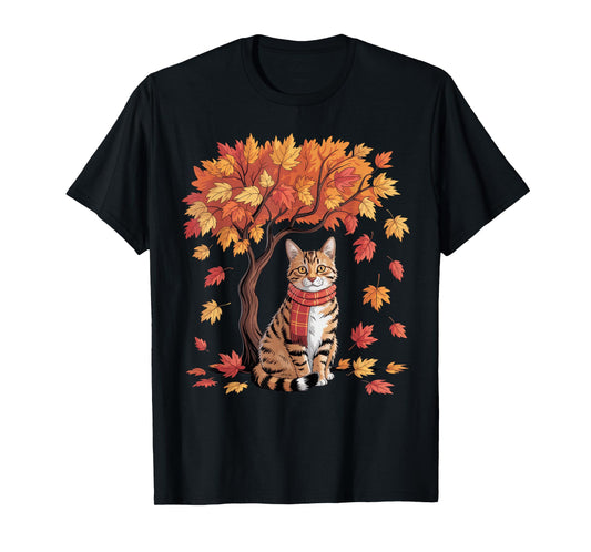 Cat Leaf Fall Tree Thanksgiving T-Shirt
