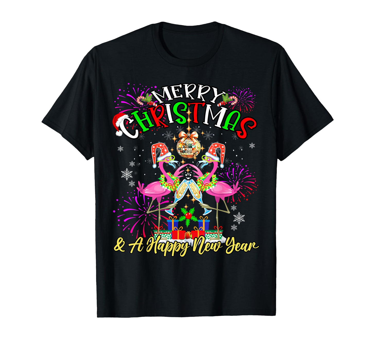 Merry Christmas & A Happy New Year Fireworks Flamingo Lover T-Shirt