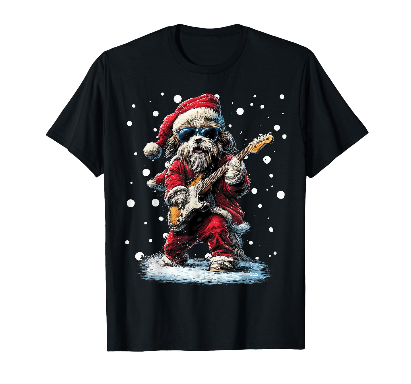 Christmas Shih Tzu Playing Guitar Funny Musician Dog Music T-Shirt