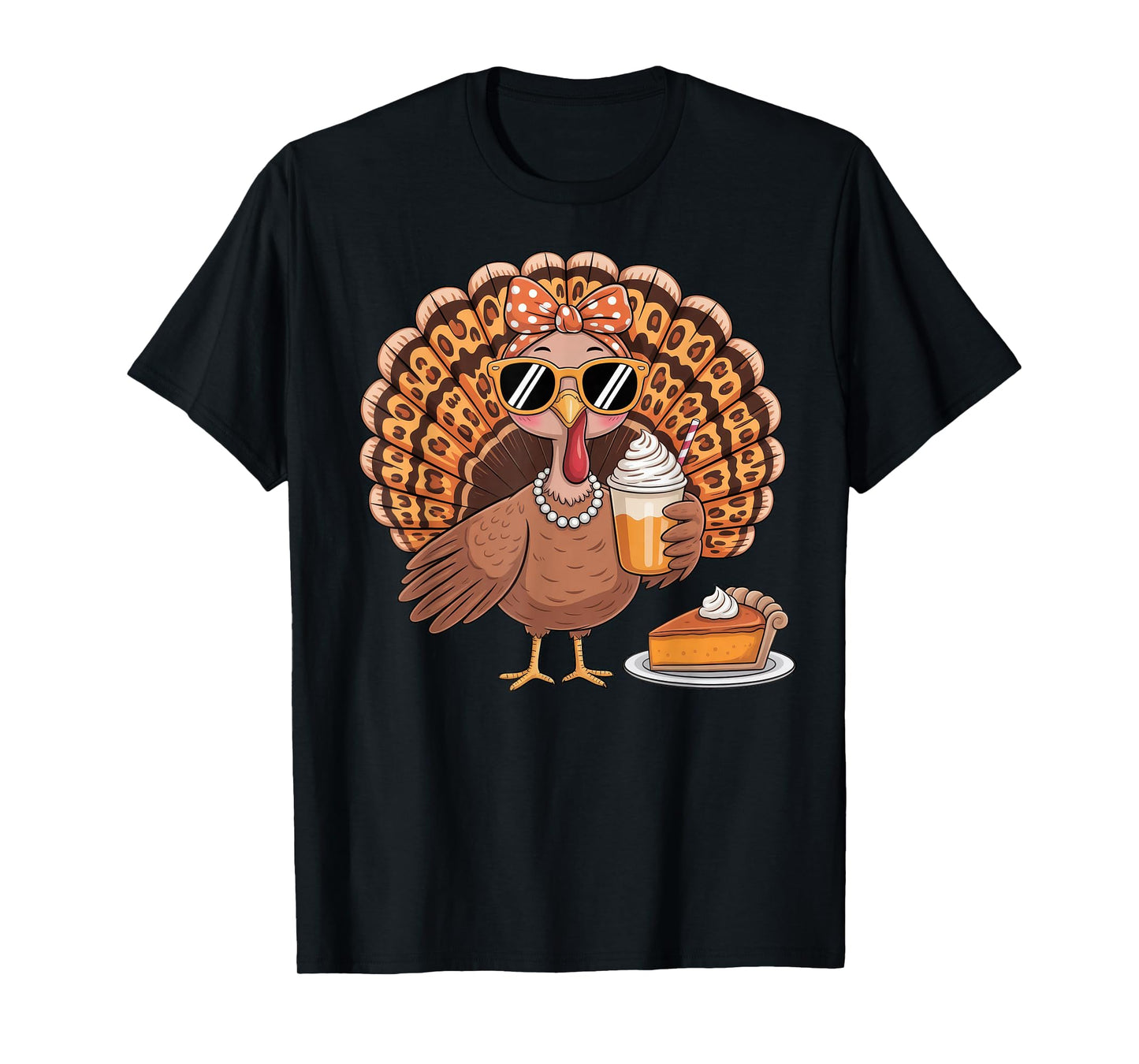 Turkey Drinking Coffee Bow Thanksgiving Leopard Women T-Shirt