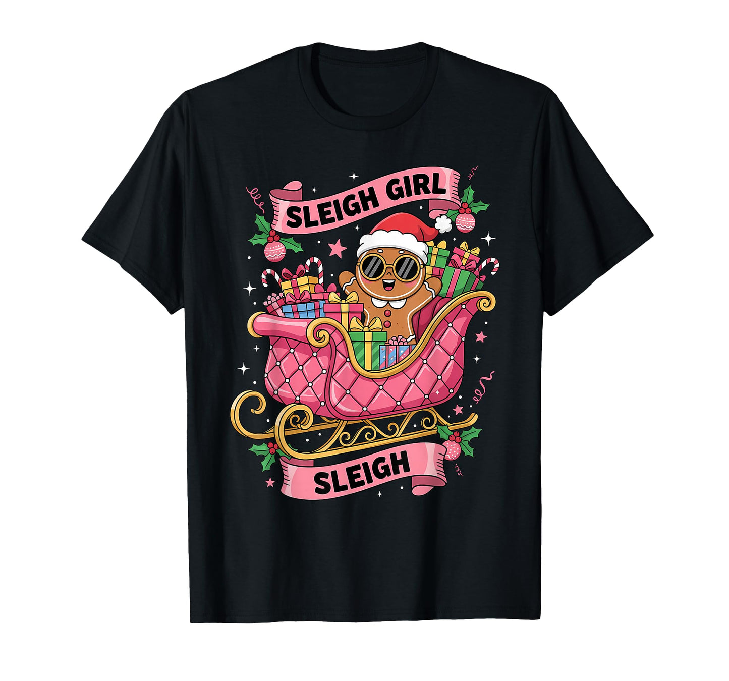 Gingerbread Sleigh Girl Pink Funny Christmas Women Girls T-Shirt