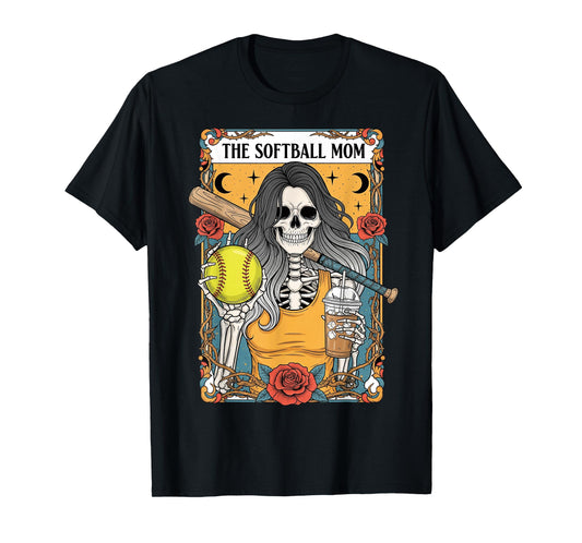 Softball Mom Tarot Card Skeleton Mom Floral Iced Coffee T-Shirt