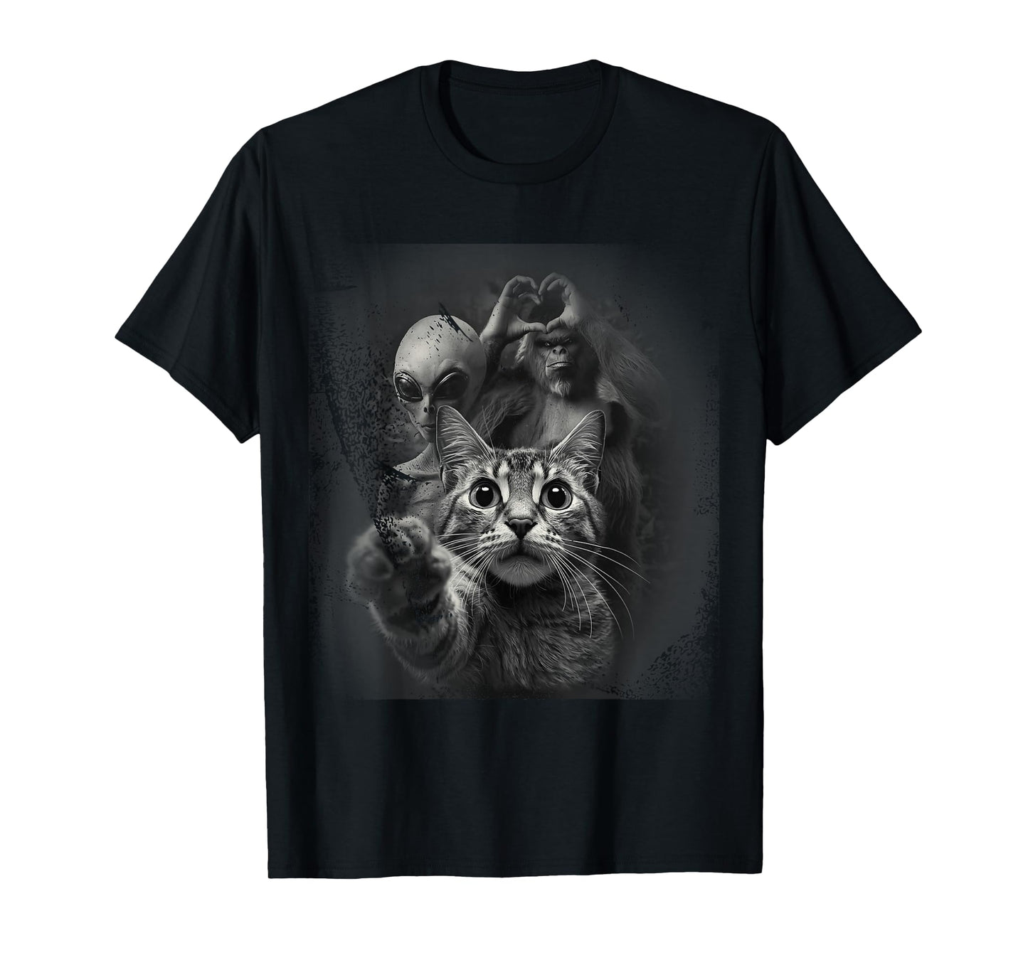 Surprised Cat Selfie Alien and Gorilla Big-Foot Sasquatch T-Shirt