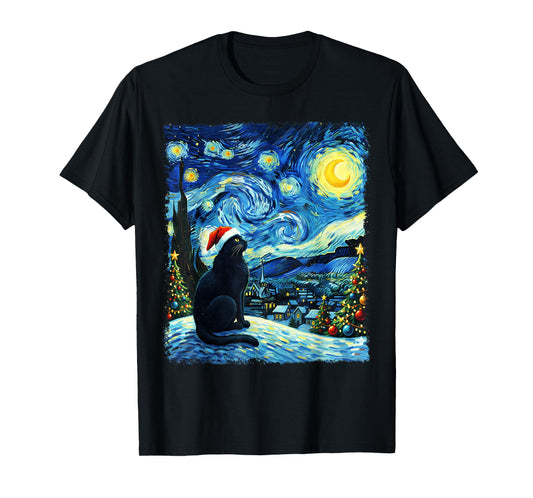 Black Cat Christmas Santa Hat Funny Meowy Cat Men Women Kids T-Shirt