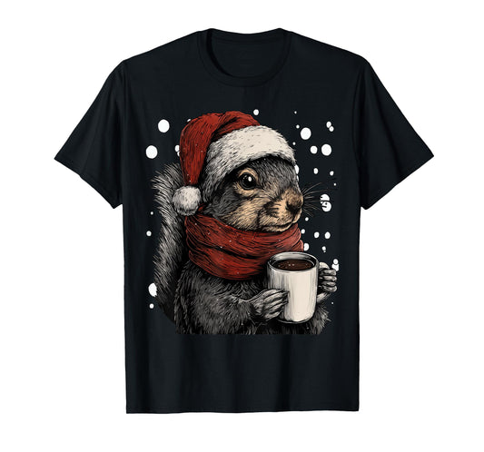 Christmas Squirrel with Santa Hat Coffee Lover Funny Winter T-Shirt