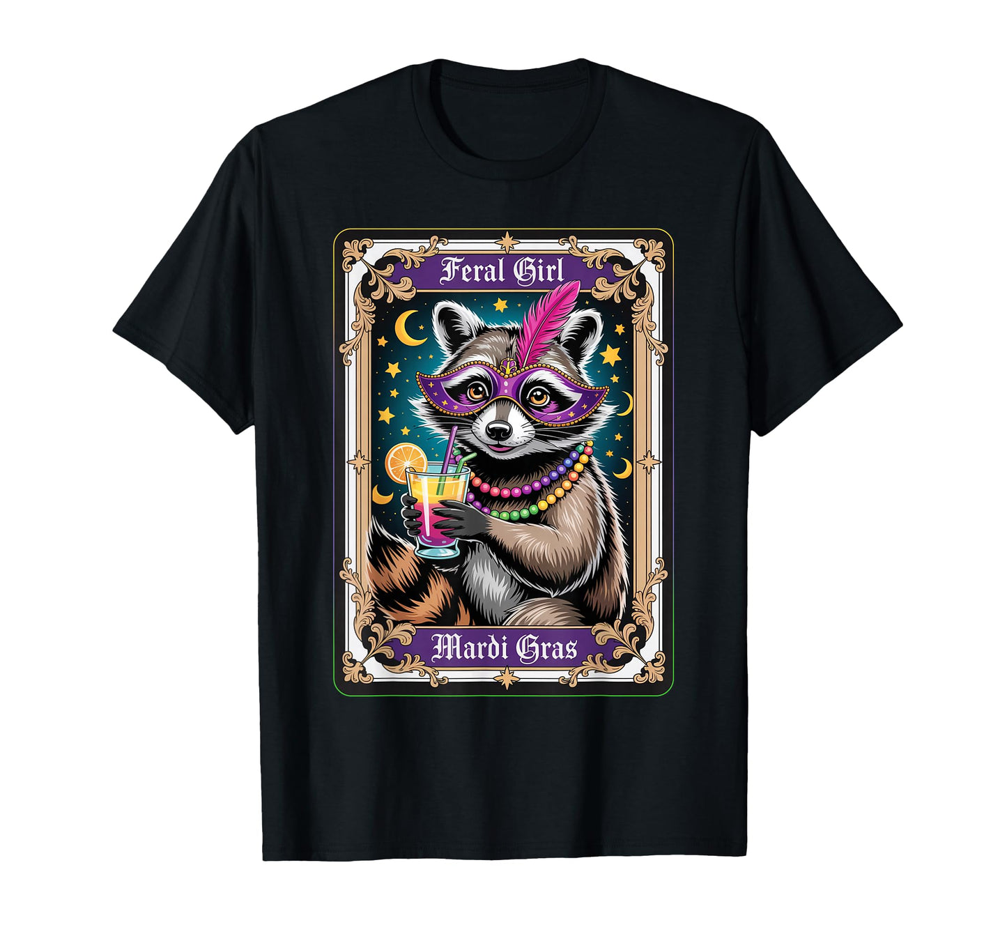 Feral Girl Mardi Gras Carnival Colorful Raccoon Tarot Card T-Shirt