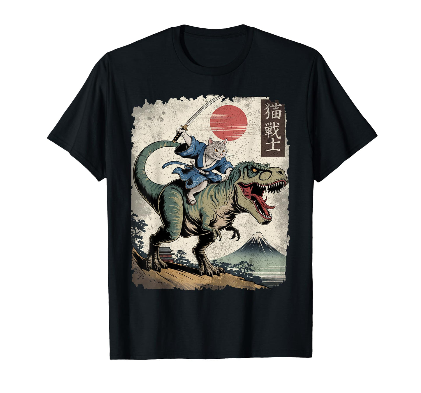 Funny Cat Riding T Rex Japanese Ukiyo-e Art Samurai Cat T-Shirt