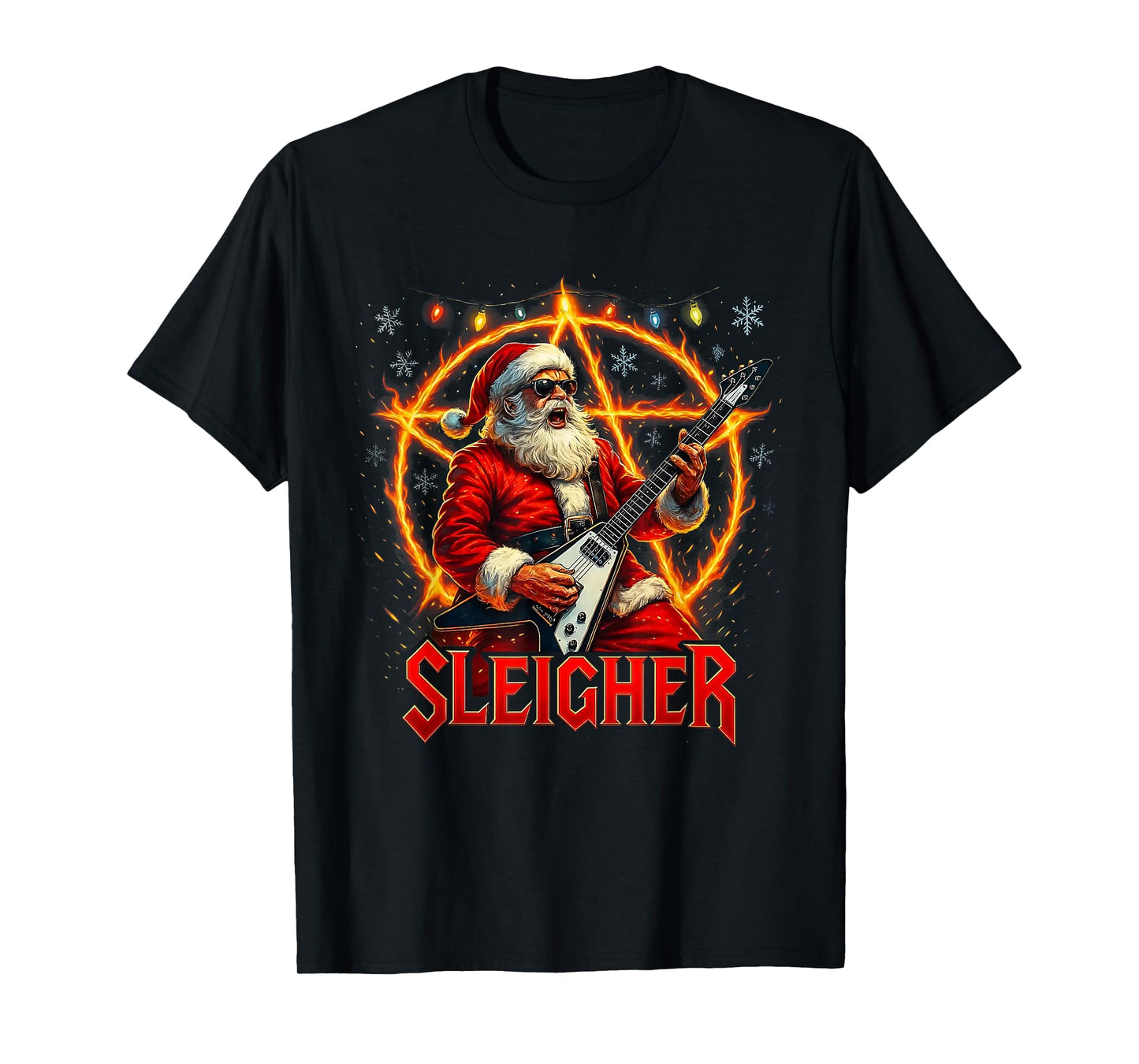 Sleigher Metal Santa Rocking Christmas Design T-Shirt