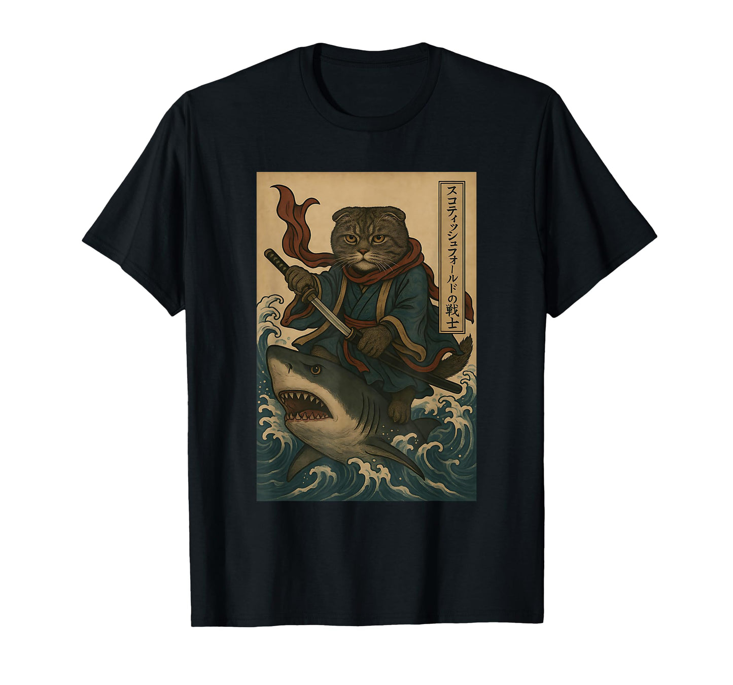 Vintage Anime Scottish Fold Japanese Samurai Riding Shark T-Shirt