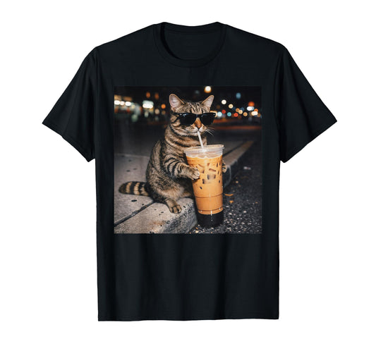 Cat Drinking Iced Coffee Funny Animal Meme Men Women T-Shirt