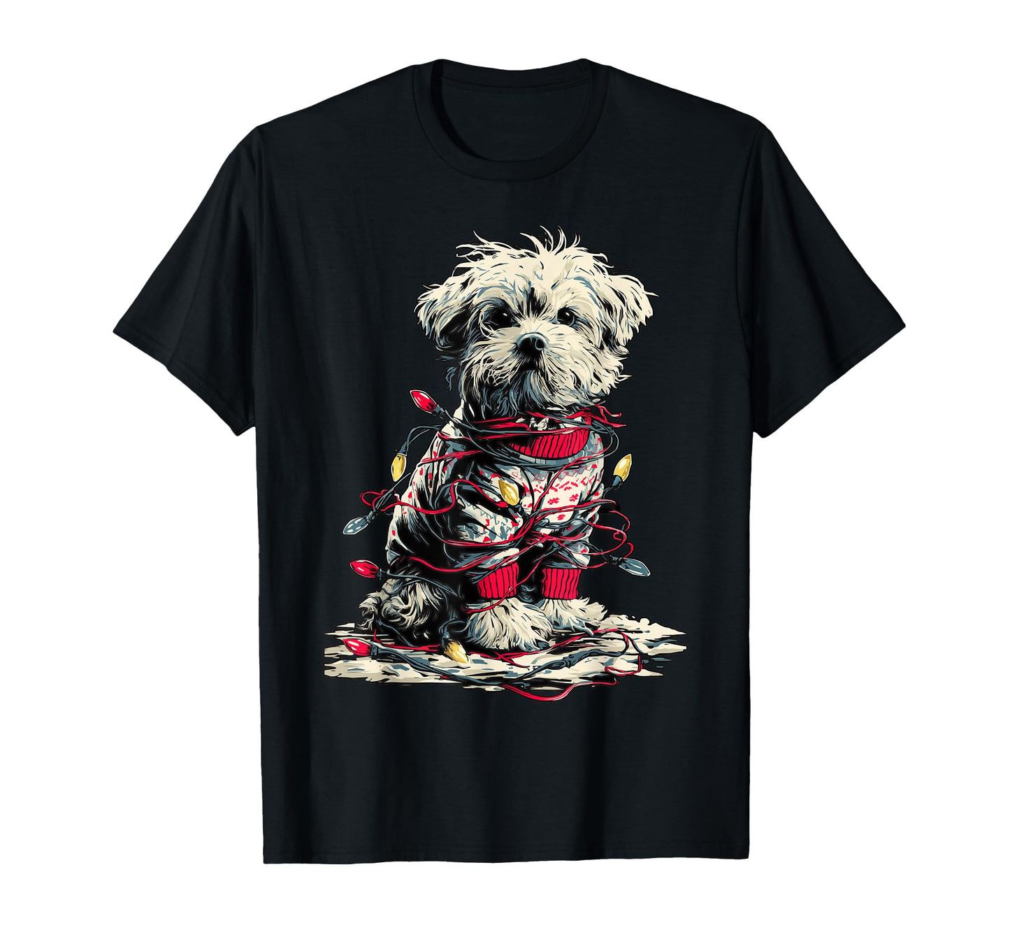 Cute Maltese with Christmas Lights Festive Animal Winter Dog T-Shirt