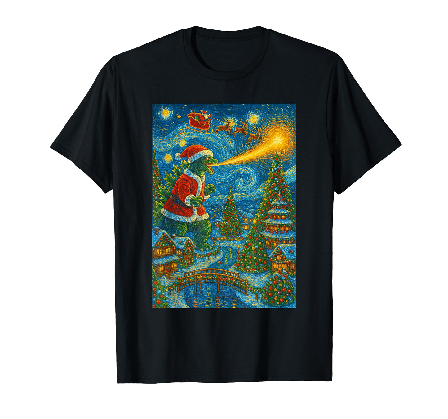 Kaiju Christmas Van Gogh Starry Night Japanese Monster T-Shirt