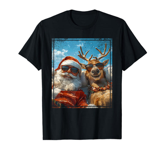 Santa and Reindeer Selfie Funny Christmas Vacation T-Shirt