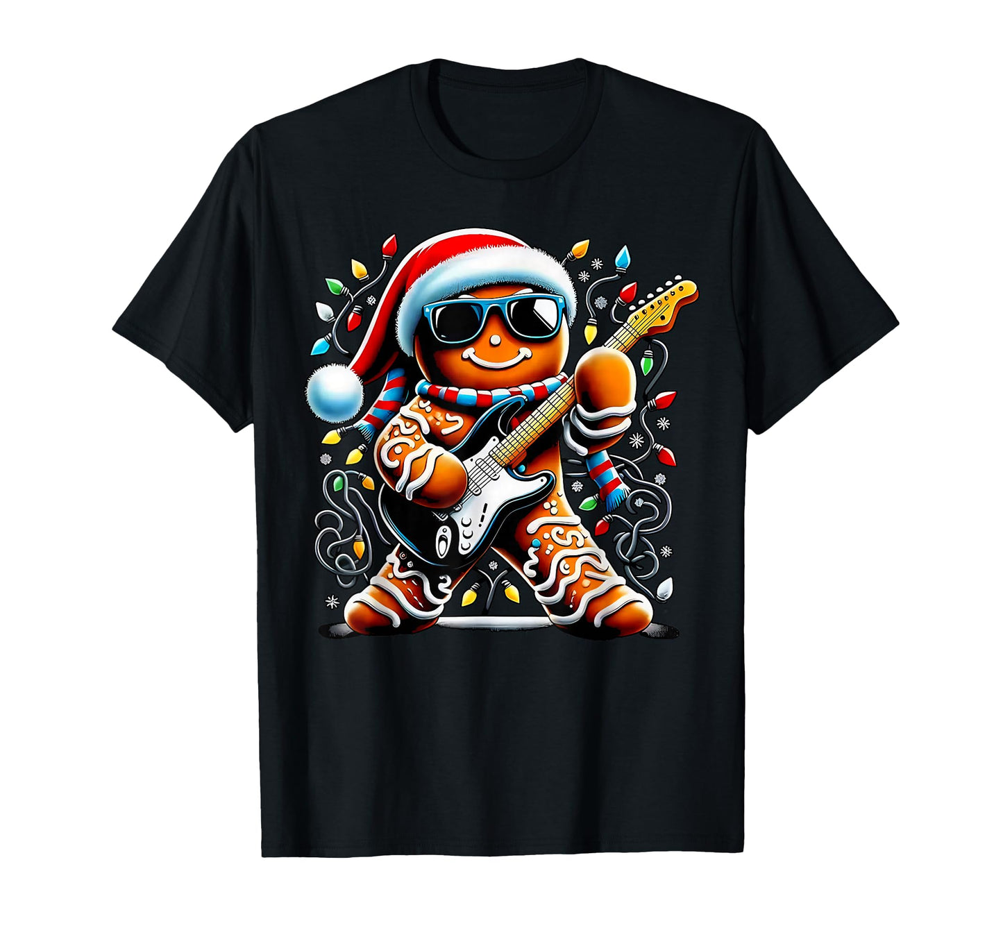 Rock Star Gingerbread Christmas Guitar Lights Men Women Kids T-Shirt