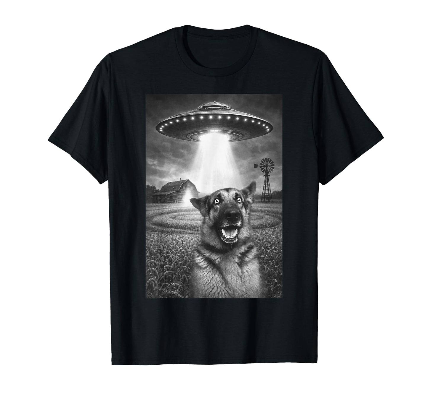 Funny German Shepherd Dog Shocked UFO Alien Abduction Farm T-Shirt