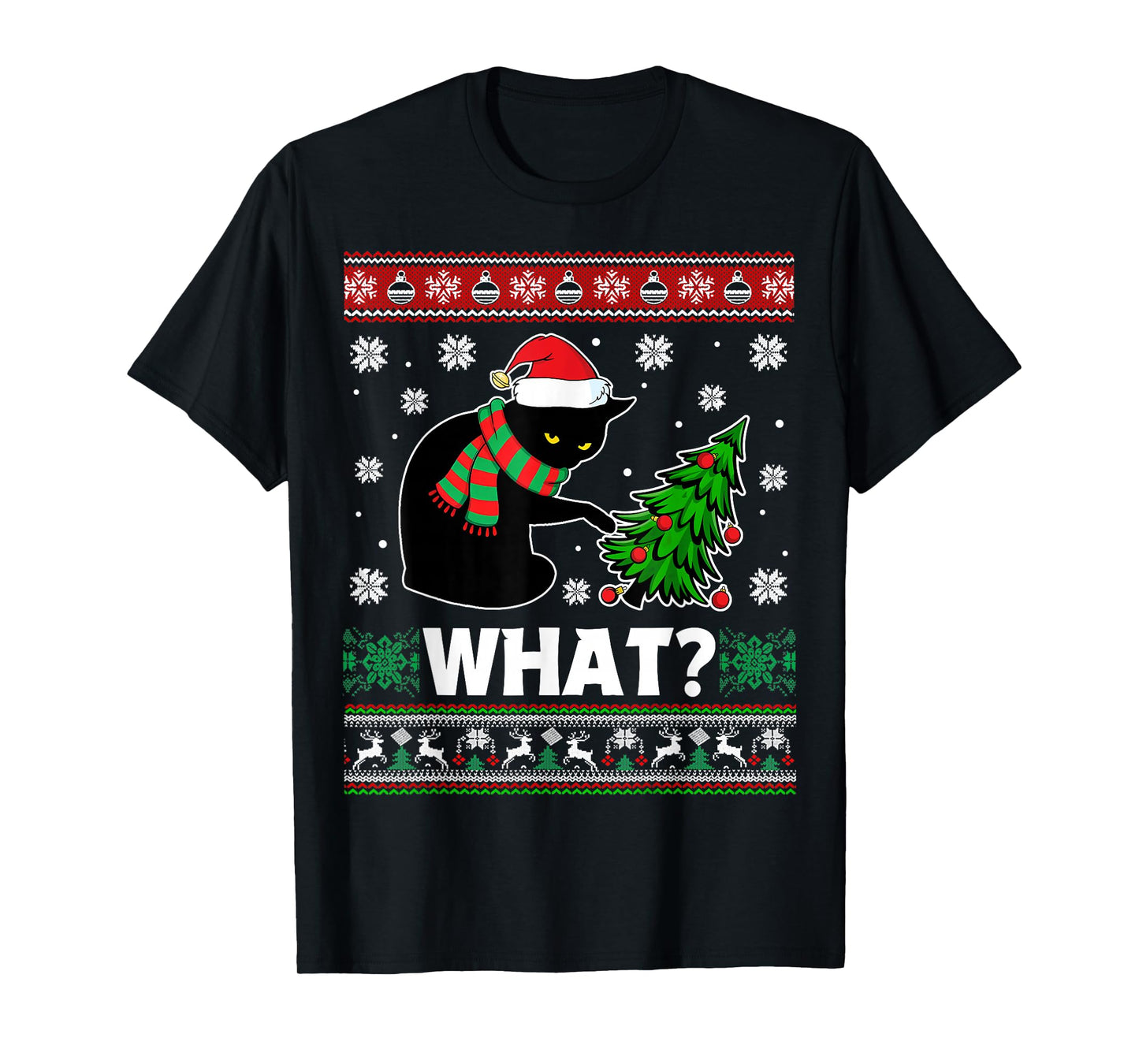 Black Cat What Pushing Tree Over Ugly Christmas Sweaters T-Shirt