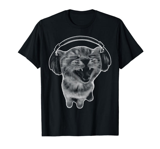 Cute Headphones Cat Funny y2k Grunge Silly Graphic T-Shirt