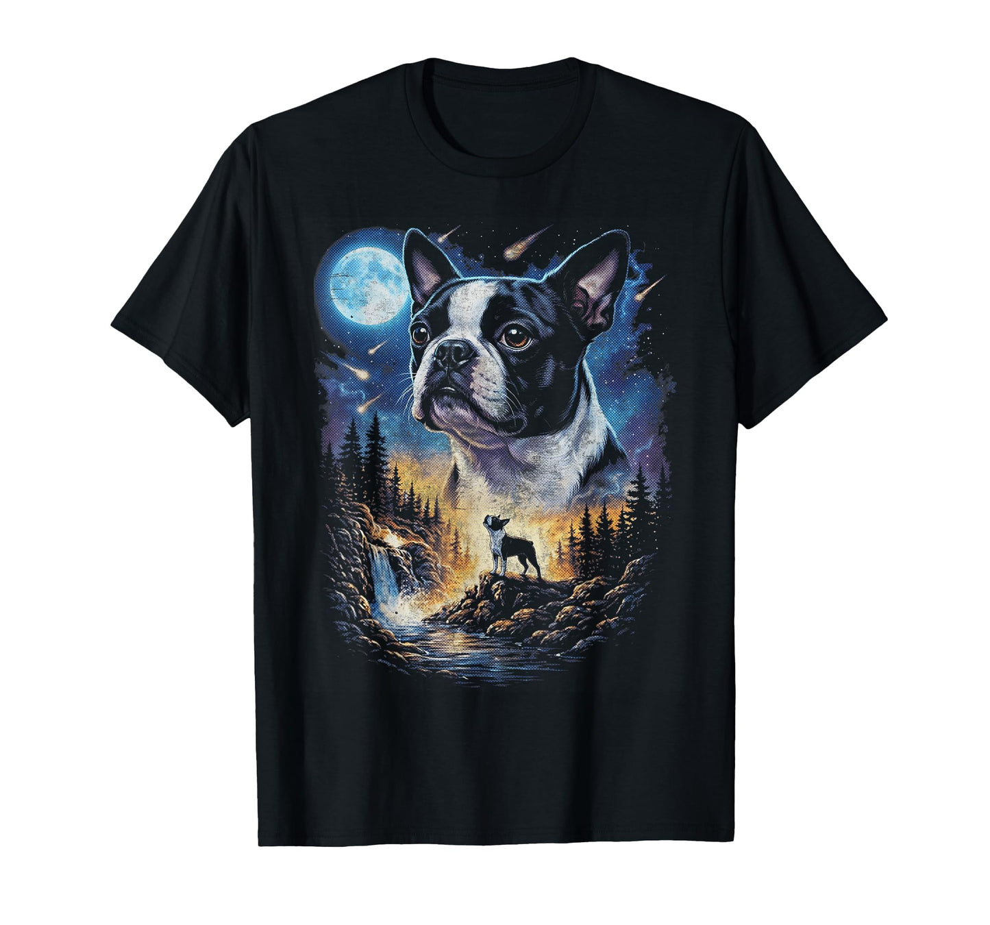 Boston Terrier Howling at The Moon Vintage Dog Art T-Shirt