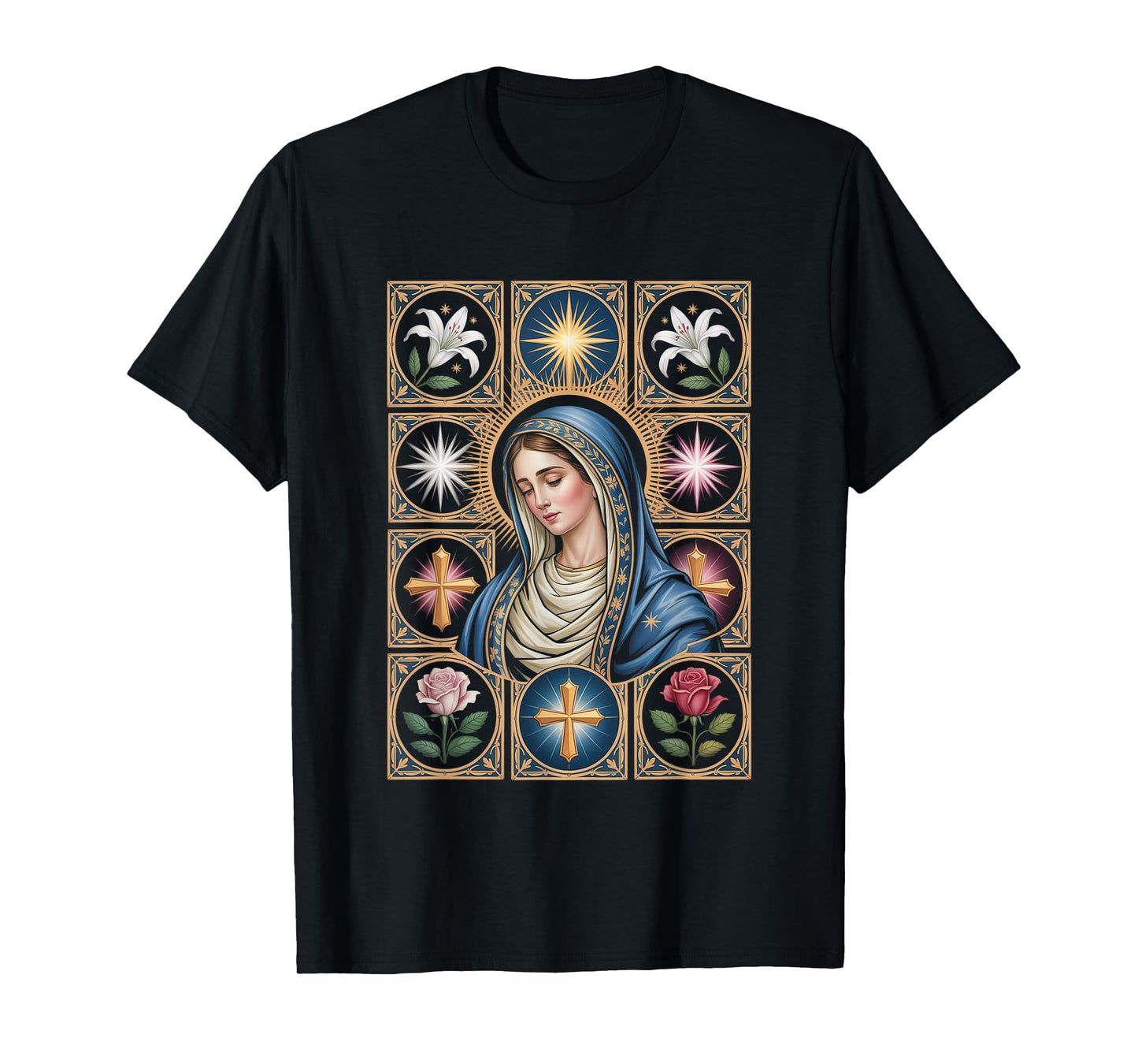 Virgin Mary Catholic Christian Faith Jesus Celestial Floral T-Shirt