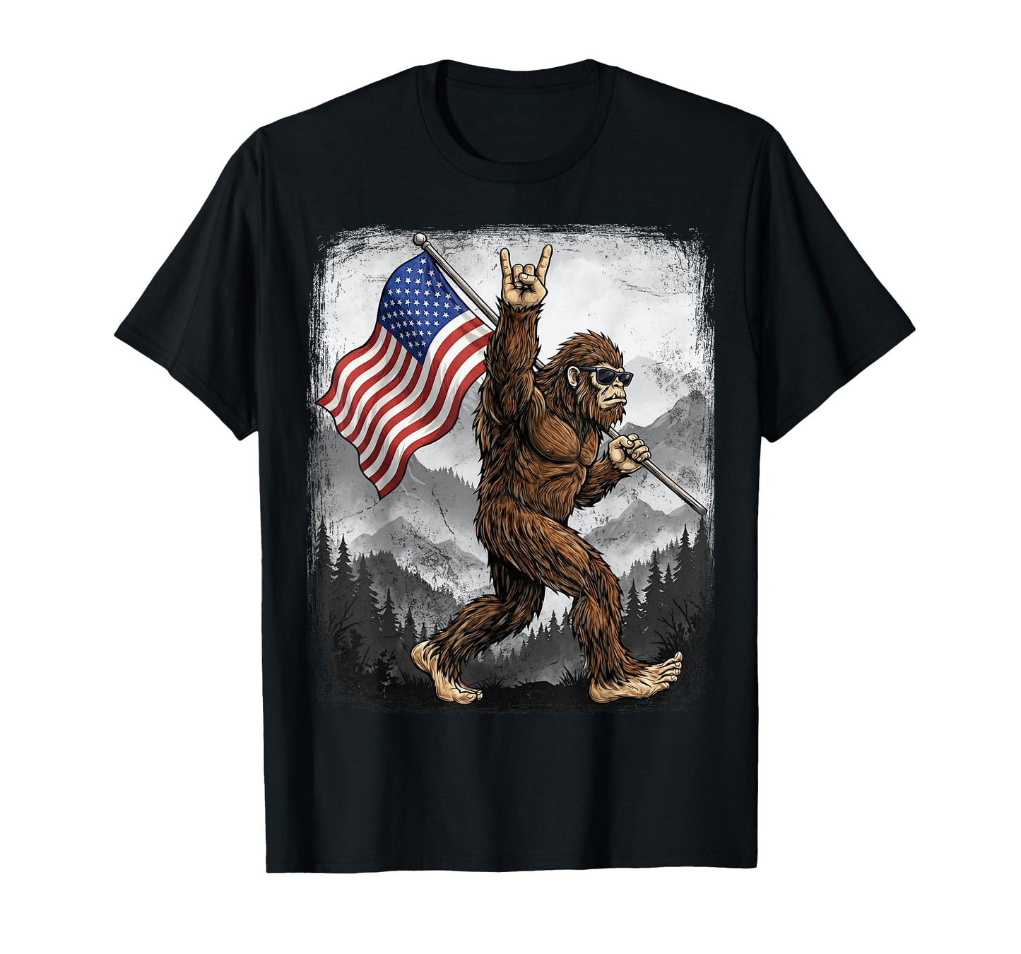 Bigfoot Rock On Hand Sign American Flag 4th of July USA T-Shirt