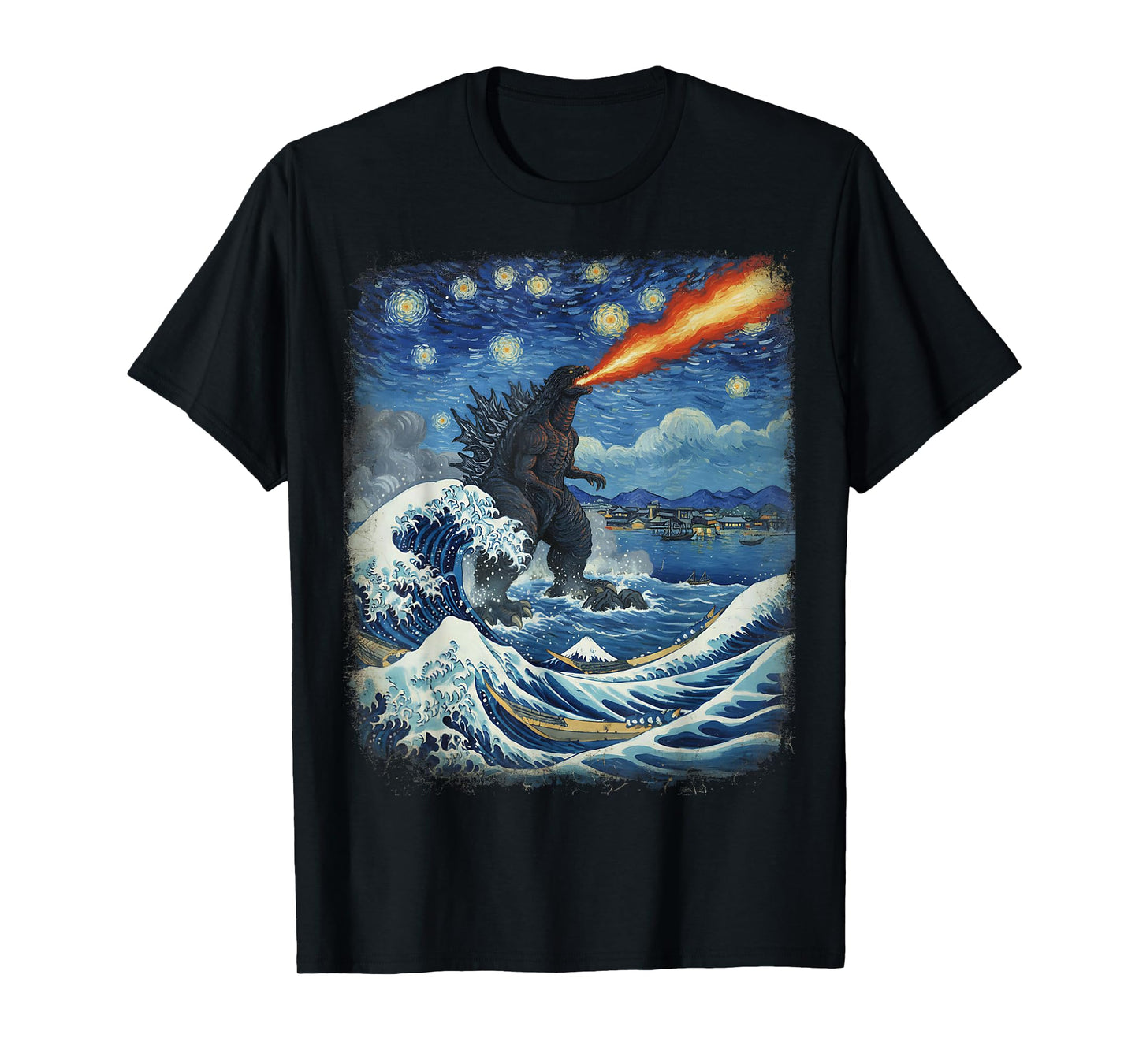 Kaiju Monster Japanese Vangogh starrynight Wave Vintage T-Shirt