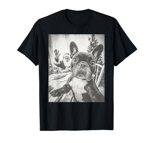 Funny AI French Bulldog Selfie with Santa Claus Christmas T-Shirt