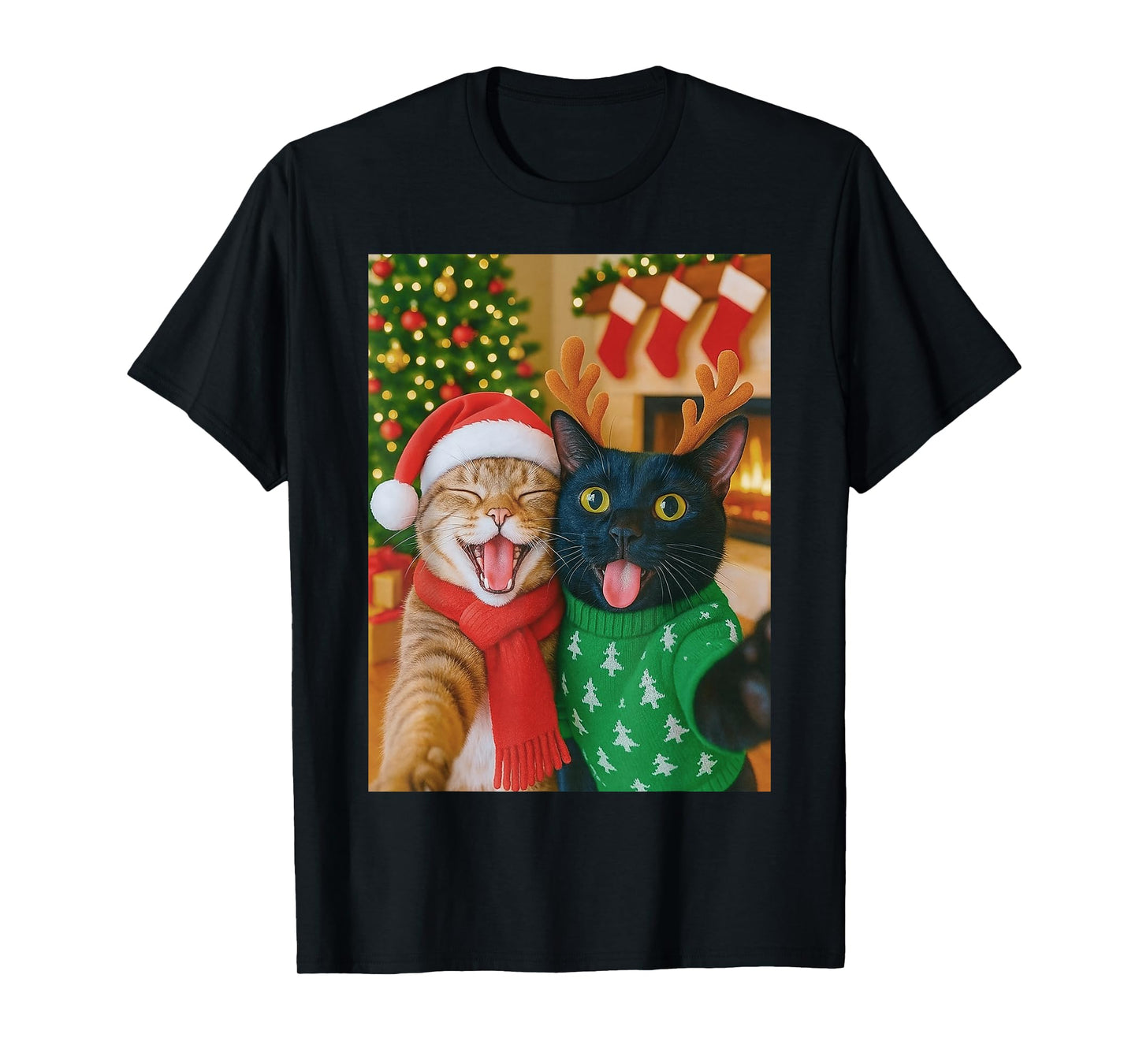 Funny Meme Cat Taking A Selfie Christmas Xmas Lights Holiday T-Shirt
