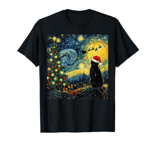 Santa Cat Starry Night Vintage Funny Christmas Vibes Art T-Shirt