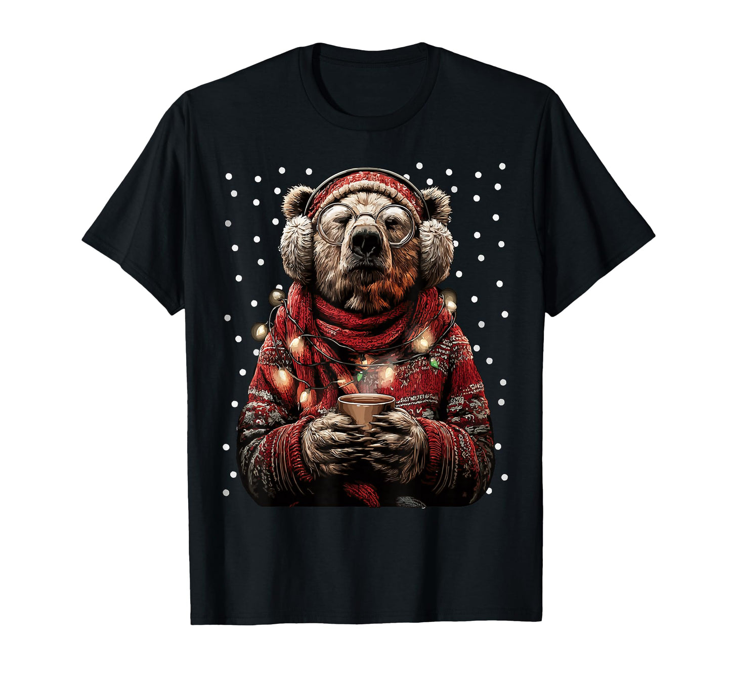 Festive Bear in Glasses Christmas Lights Funny Coffee Winter T-Shirt