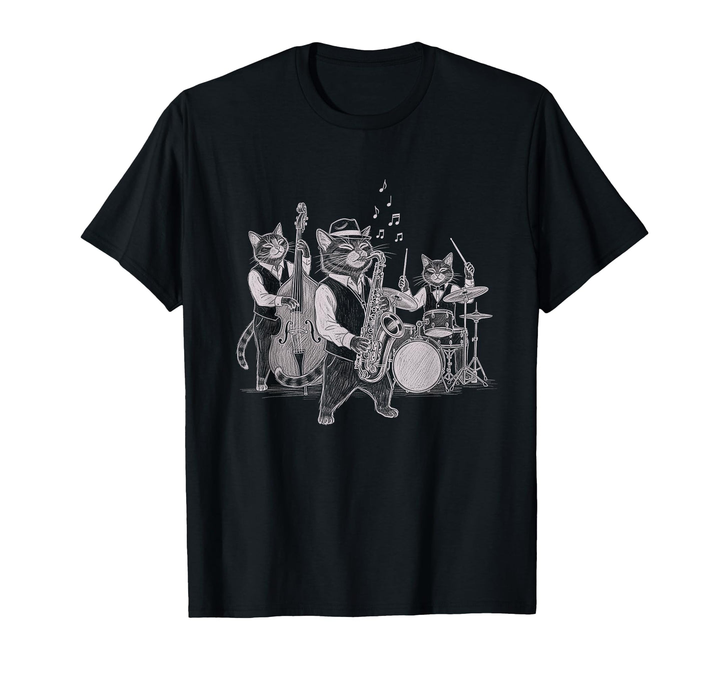 Cats Playing Jazz Saxophone Drums Art Music Lover T-Shirt