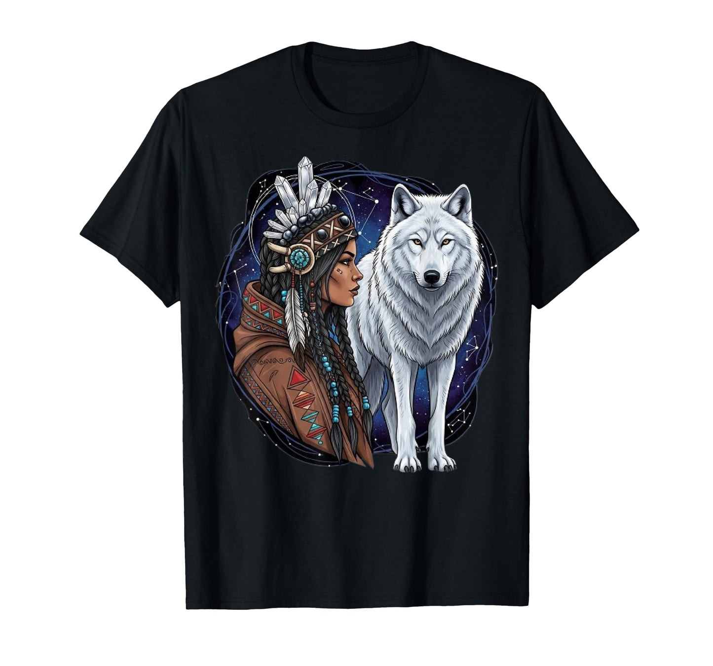 Indian Native American Woman with White Wolf Vitage Gifts T-Shirt