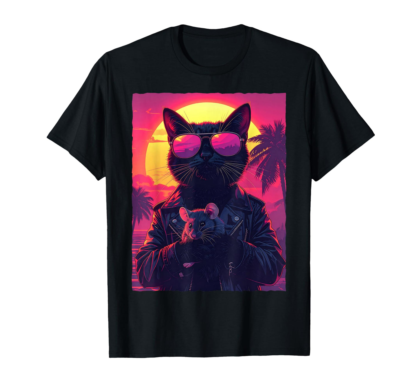 Cool Black Cat with Mouse and Retro Sunset T-Shirt